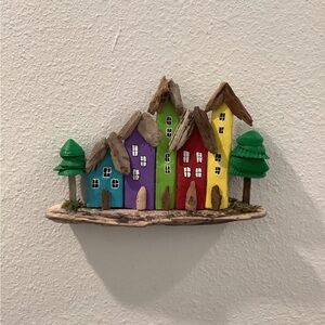 Driftwood Art, Driftwood Painted Houses With Seashell Trees , Driftwood Wall Art